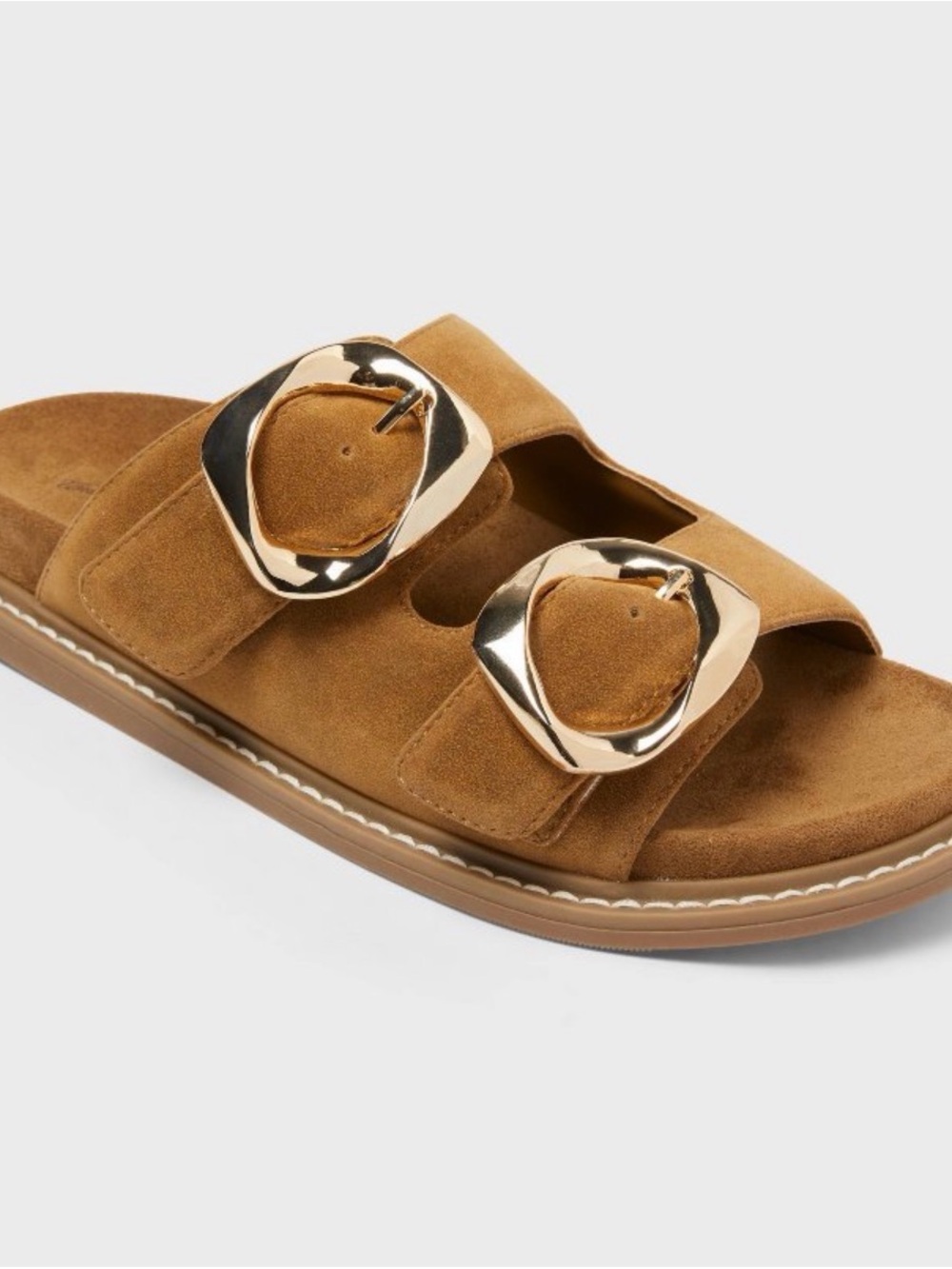 Universal Thread Tan Suede Double-Buckle Slide Sandal with Gold Accents